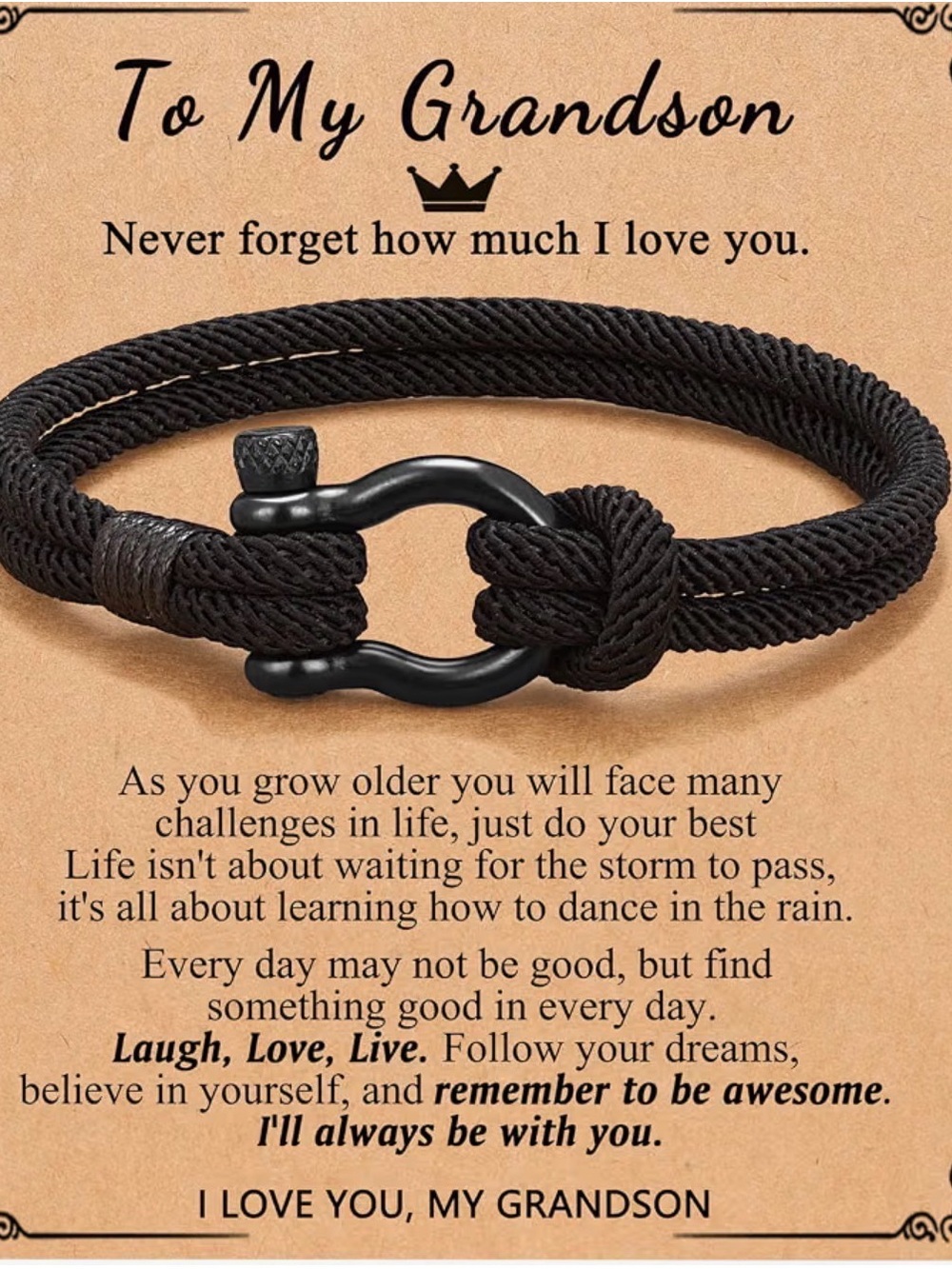 Men's Black Rope Bracelet with Shackle Clasp - Grandson Sentiment